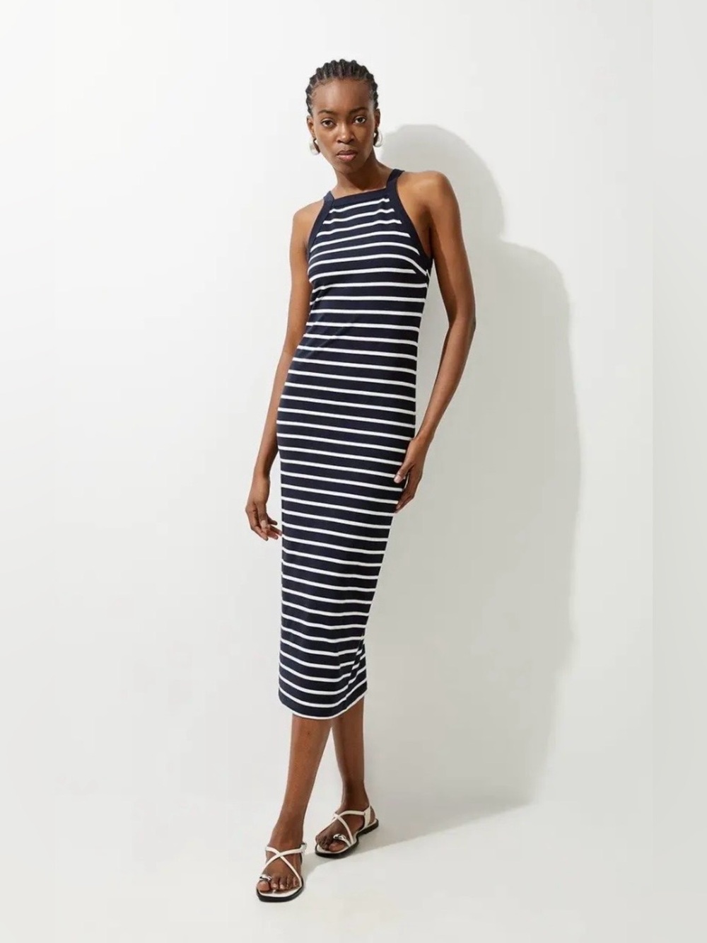 Karen Millen Stripe Stretch Cotton Jersey Halter Midi Dress Nautical Coastal